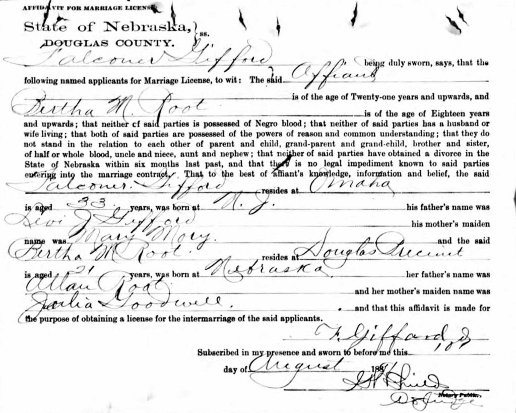 marriage affidavit for Gifford-Root marriage