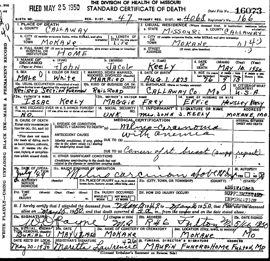 death certificate for John Jacob Keely