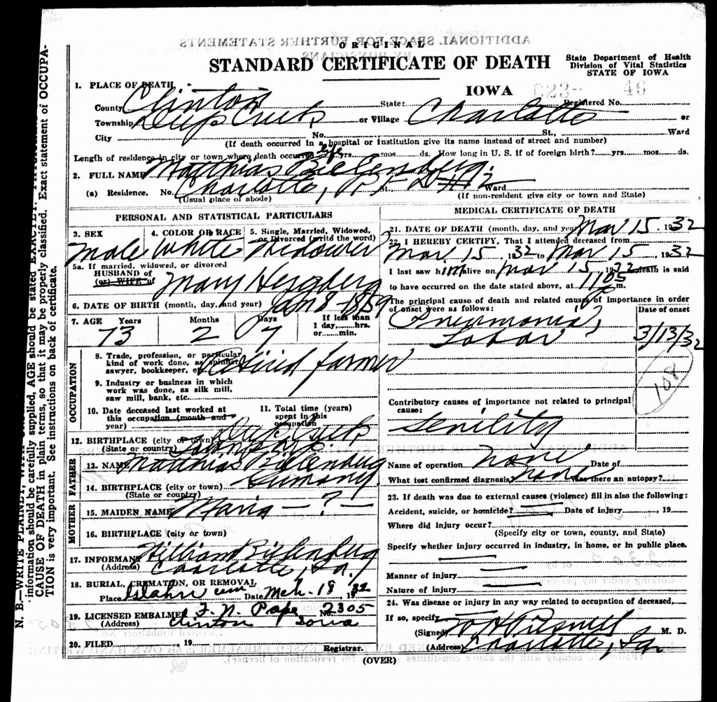 death certificate for Mathias Bielenberg