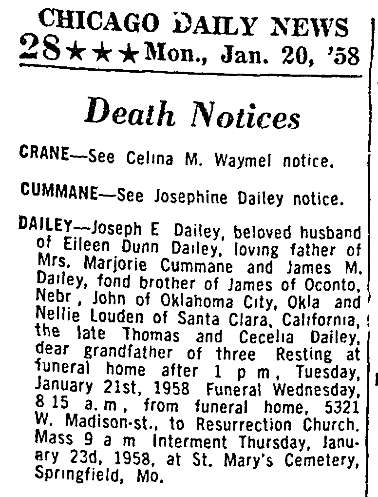 Death notice for Joseph Edward Dailey (Chicago News)