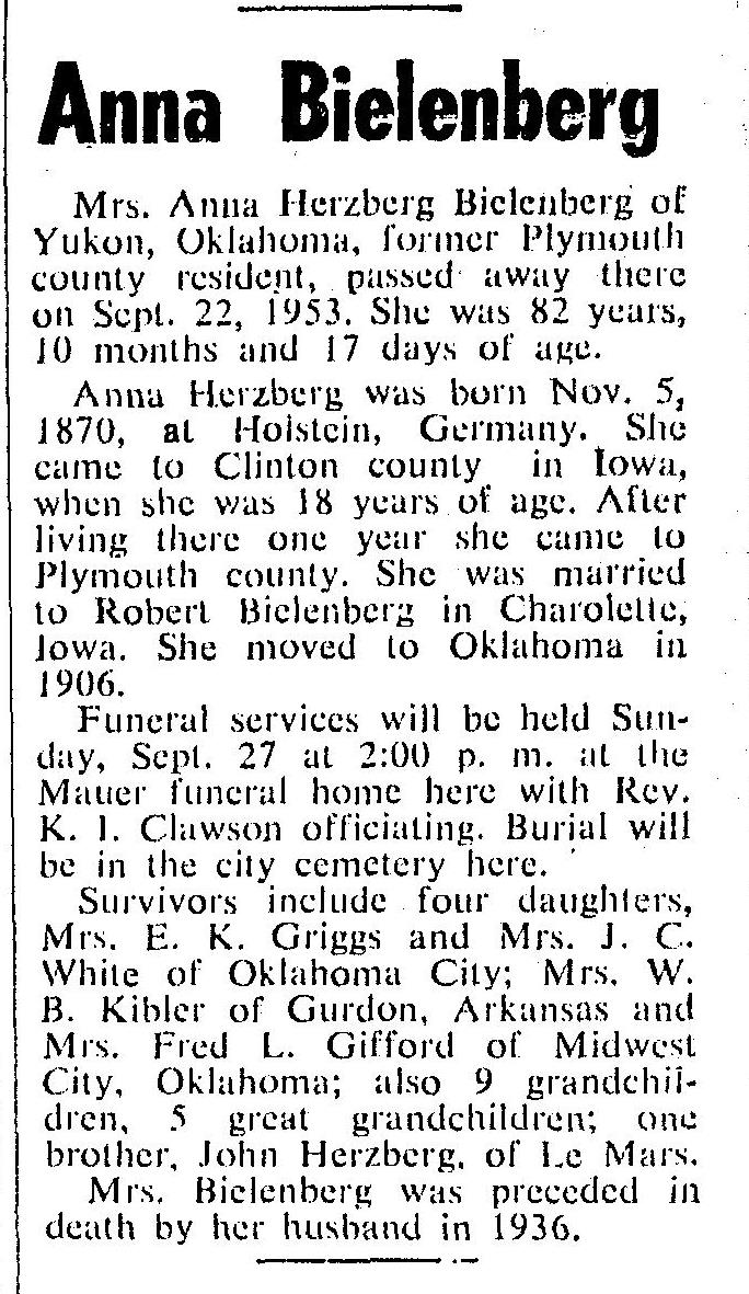 obituary for Anna Herzberg Bielenberg