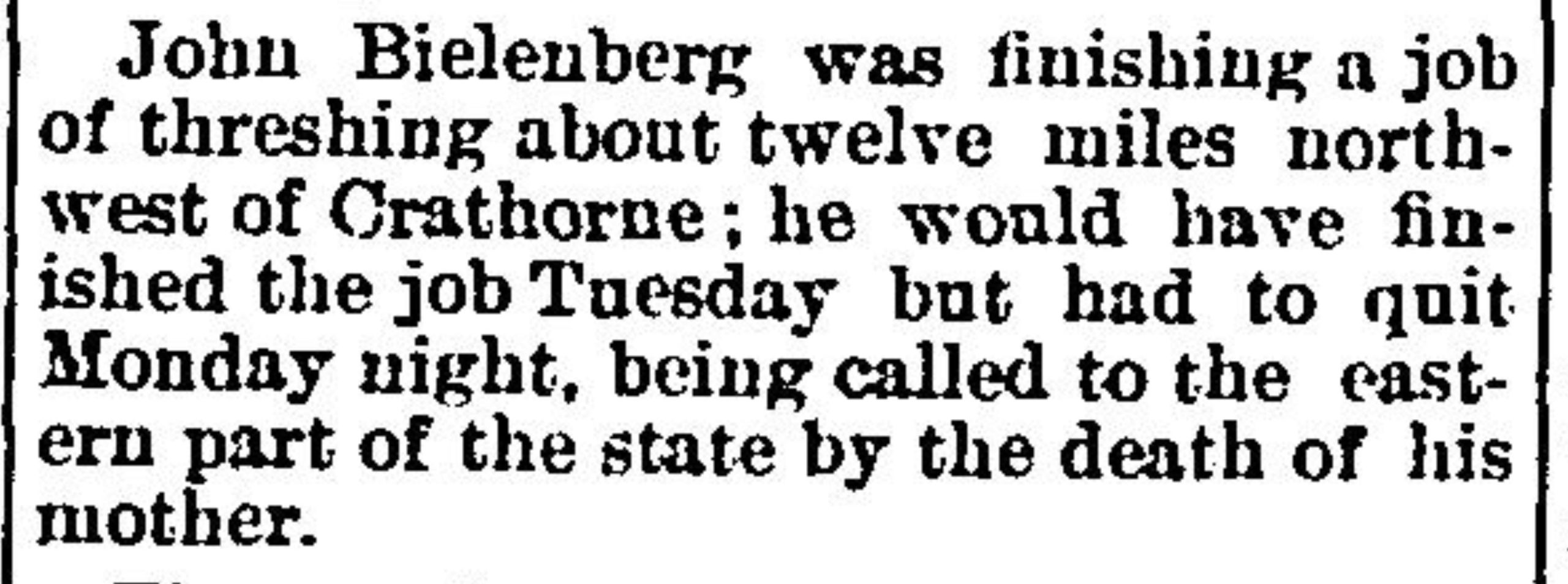 newspaper mention of John Bielenberg being called away due to his mother's death