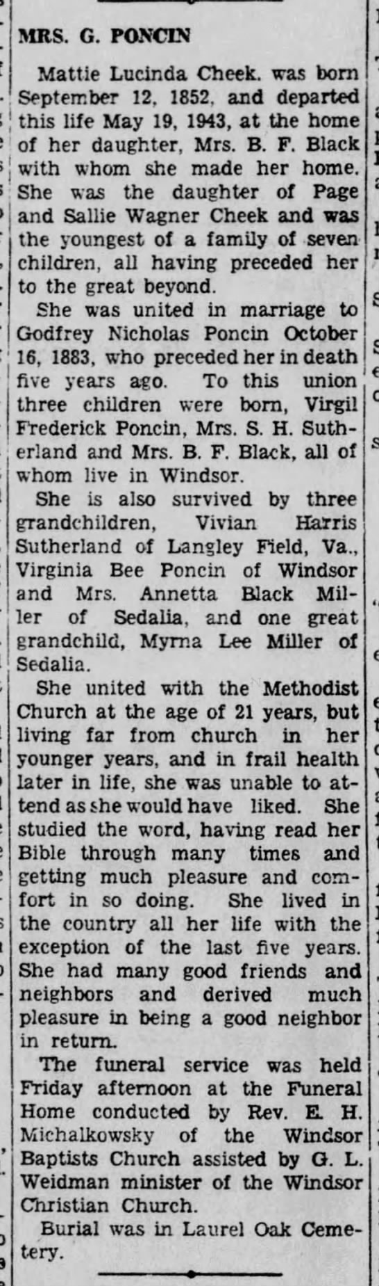 obituary for Mattie Lucinda Cheek Poncin